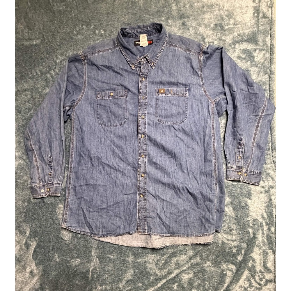 Wrangler Riggs Workwear Denim Work Shirt 3XT Men Blue Solid Long Sleeve